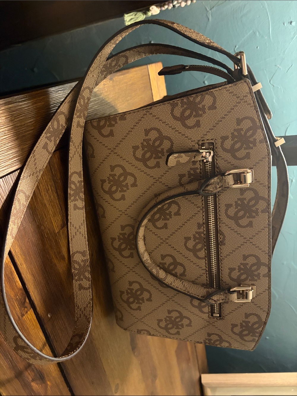 GUESS Brown Logo Dome Satchel with Gold Hardware